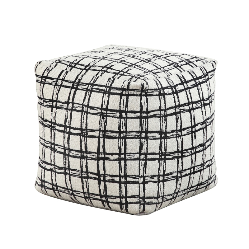 Modern Pouf Ottoman- White Black Checkered Jacquard- 16 Inch Square