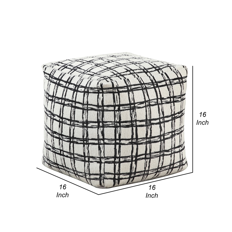 Modern Pouf Ottoman- White Black Checkered Jacquard- 16 Inch Square