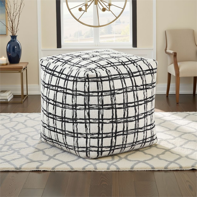 Modern Pouf Ottoman- White Black Checkered Jacquard- 16 Inch Square