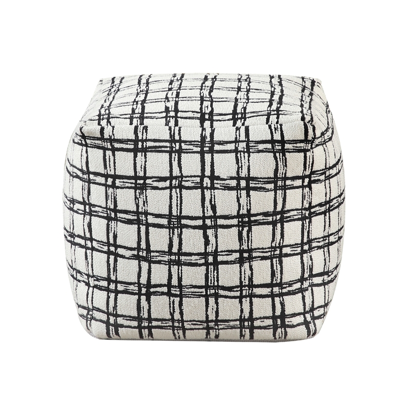 Modern Pouf Ottoman- White Black Checkered Jacquard- 16 Inch Square