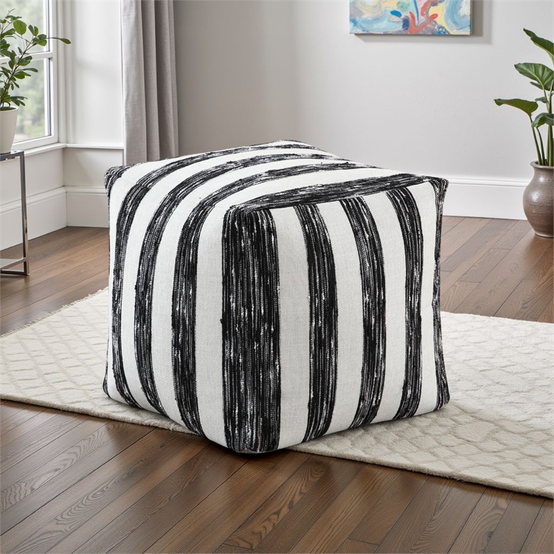 Modern Pouf Ottoman- Black White Wide Striped Jacquard- 16 Inch Square