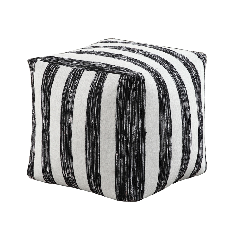 Modern Pouf Ottoman- Black White Wide Striped Jacquard- 16 Inch Square
