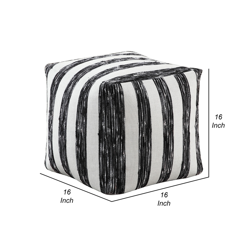 Modern Pouf Ottoman- Black White Wide Striped Jacquard- 16 Inch Square