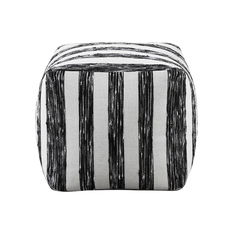 Modern Pouf Ottoman- Black White Wide Striped Jacquard- 16 Inch Square