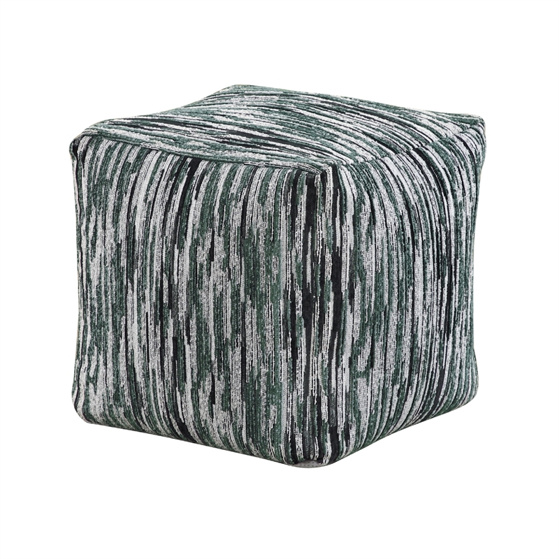 Modern Pouf Ottoman- Green White Curved Striped Jacquard- 16in Square