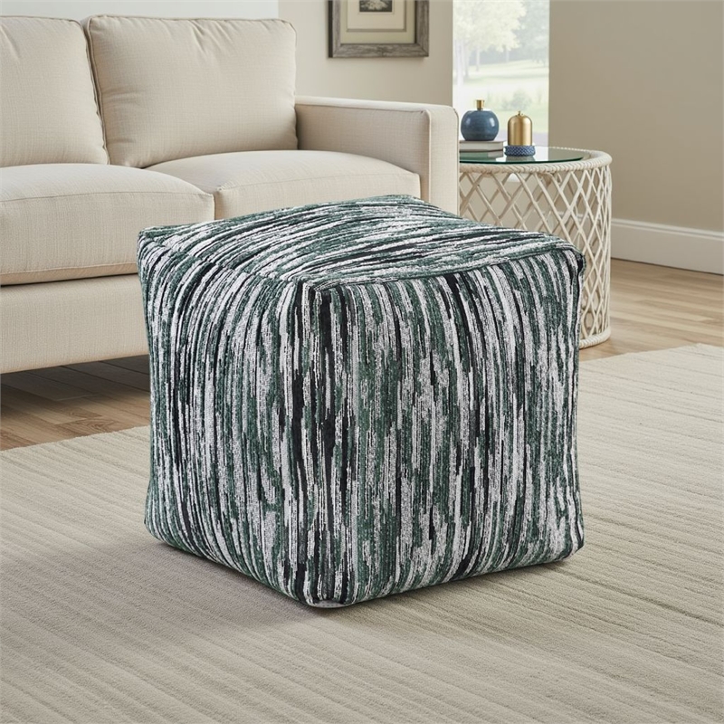 Modern Pouf Ottoman- Green White Curved Striped Jacquard- 16in Square