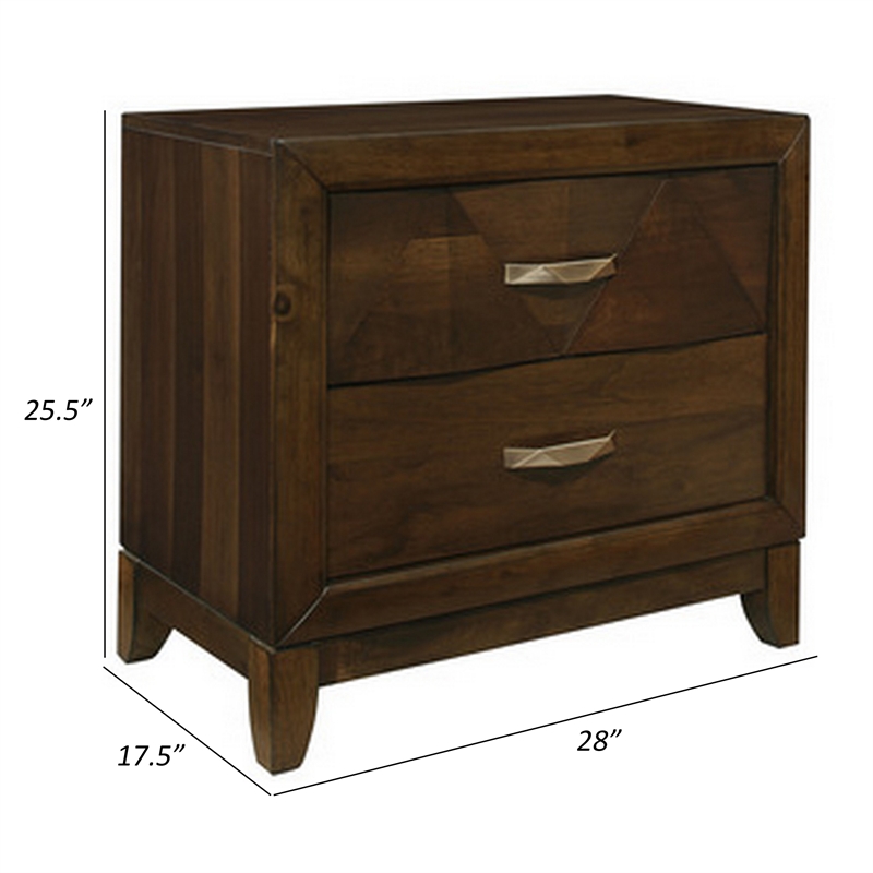 Nibo 28 Inch Nightstand- 2 Drawers- Satin Brass Handles- Brown Solid Wood