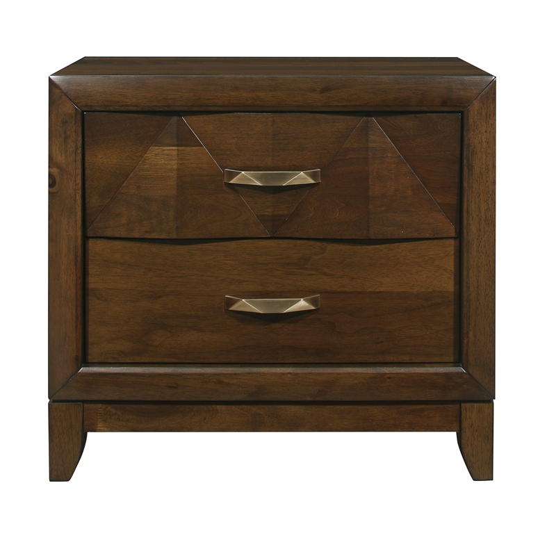 Nibo 28 Inch Nightstand- 2 Drawers- Satin Brass Handles- Brown Solid Wood