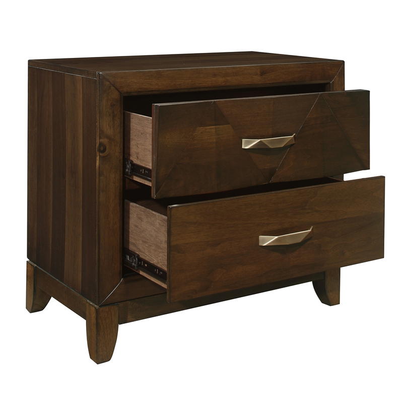 Nibo 28 Inch Nightstand- 2 Drawers- Satin Brass Handles- Brown Solid Wood