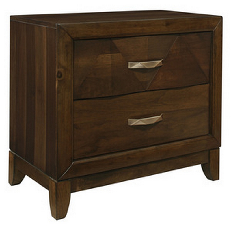 Nibo 28 Inch Nightstand- 2 Drawers- Satin Brass Handles- Brown Solid Wood