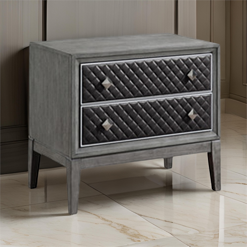 Stacy 29 Inch Nightstand- 2 Faux Leather Upholstered Drawers- Gray Wood