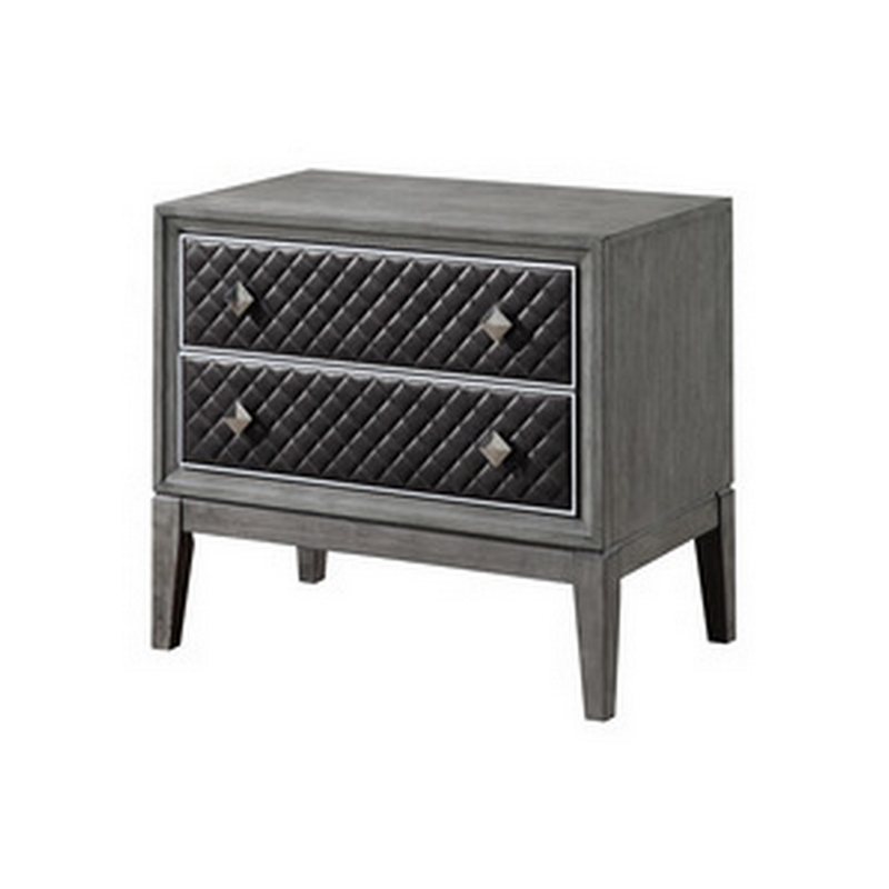 Stacy 29 Inch Nightstand- 2 Faux Leather Upholstered Drawers- Gray Wood