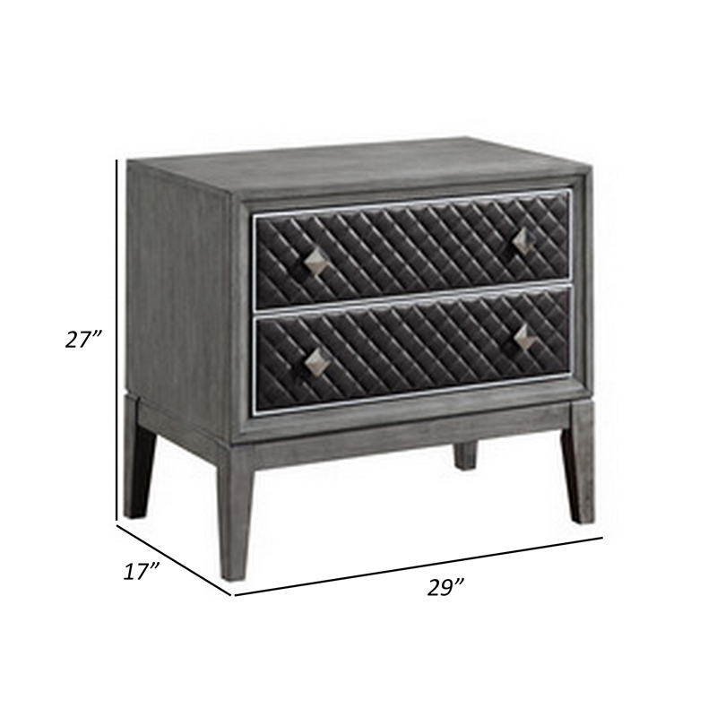 Stacy 29 Inch Nightstand- 2 Faux Leather Upholstered Drawers- Gray Wood