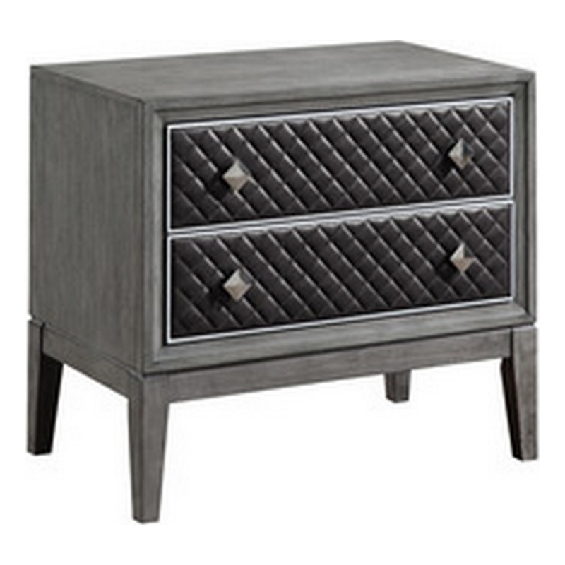 Stacy 29 Inch Nightstand- 2 Faux Leather Upholstered Drawers- Gray Wood