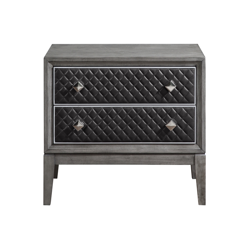 Stacy 29 Inch Nightstand- 2 Faux Leather Upholstered Drawers- Gray Wood