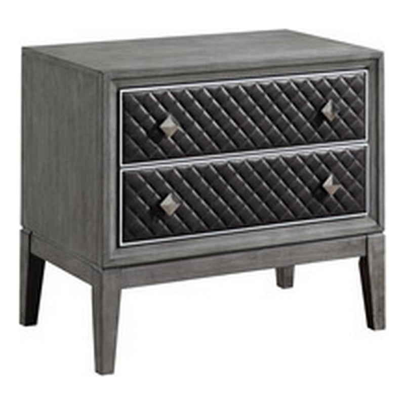 Stacy 29 Inch Nightstand- 2 Faux Leather Upholstered Drawers- Gray Wood
