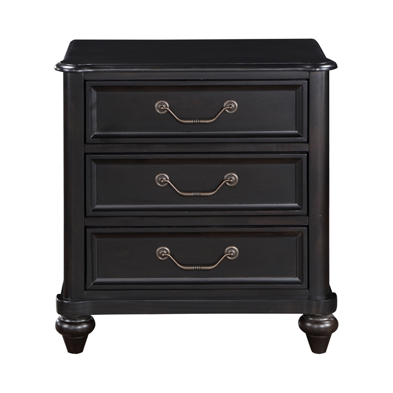 Vix 27 Inch Nightstand- 3 Drawers- Molded Design Pewter Drop Handles- Black