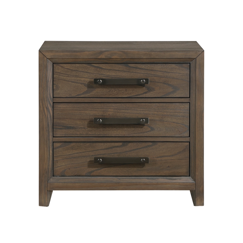 Wyn 27 Inch Nightstand- 3 Drawers- Nickel Handles- Brushed Walnut Brown