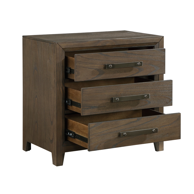 Wyn 27 Inch Nightstand- 3 Drawers- Nickel Handles- Brushed Walnut Brown