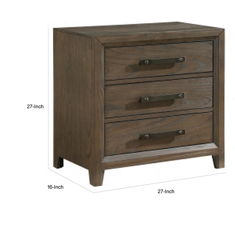 Wyn 27 Inch Nightstand- 3 Drawers- Nickel Handles- Brushed Walnut Brown