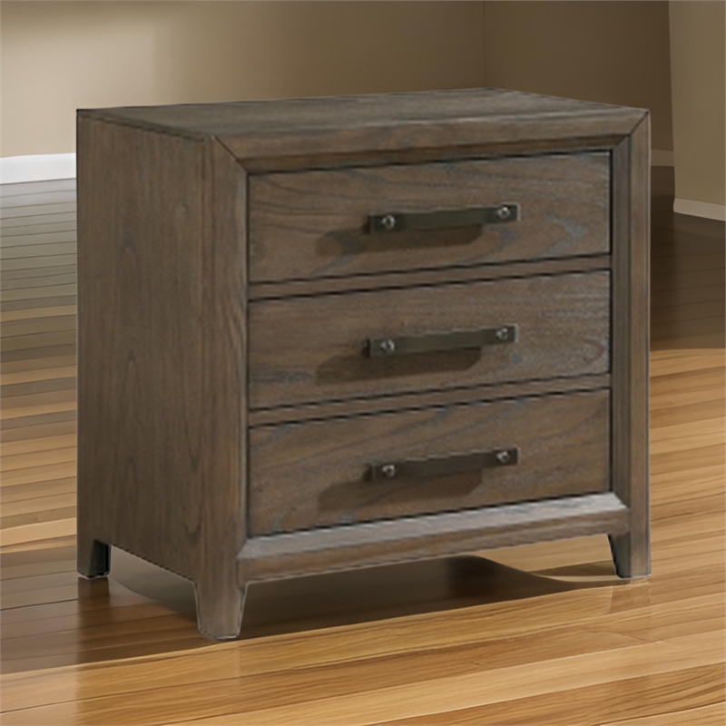 Wyn 27 Inch Nightstand- 3 Drawers- Nickel Handles- Brushed Walnut Brown