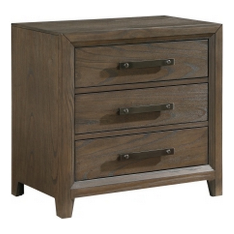 Wyn 27 Inch Nightstand- 3 Drawers- Nickel Handles- Brushed Walnut Brown