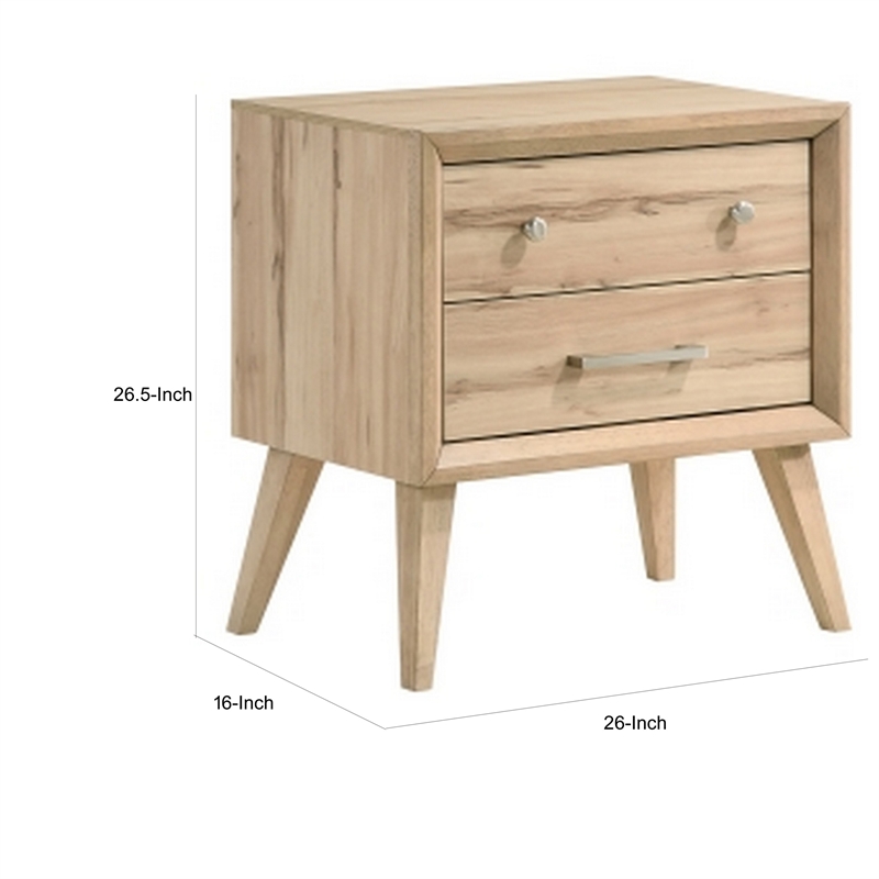 Kali 27 Inch Nightstand- 2 Drawers- Nickel Handles- Oak Brown Solid Wood