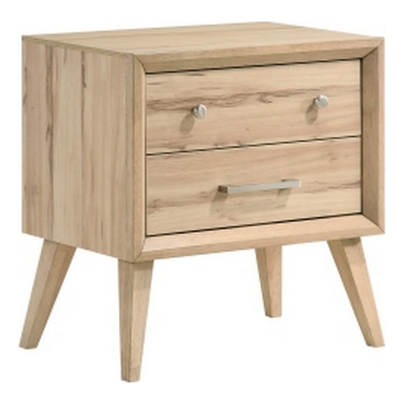 Kali 27 Inch Nightstand- 2 Drawers- Nickel Handles- Oak Brown Solid Wood