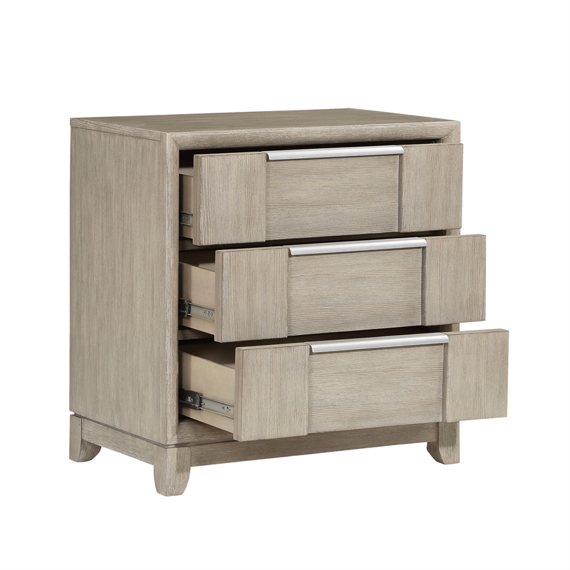 Owen 29 Inch Nightstand- 3 Drawers- USB Charging Port- Light Beige Wood