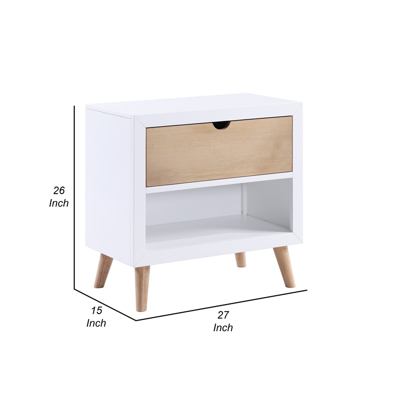 Kara 27 Inch Kids Nightstand- 1 Drawer- 1 Storage Cubby- White- Brown Wood