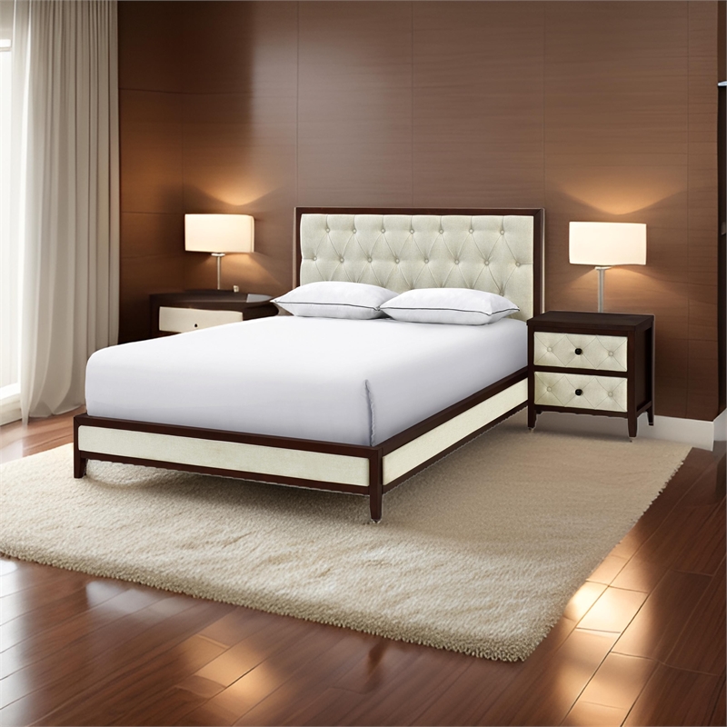 Moni 24 Inch Nightstand- 2 Drawers- Beige- Cherry Espresso Brown Wood Frame