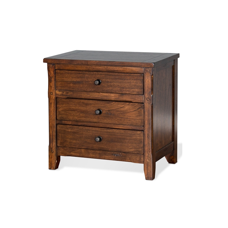 Odell Nightstand- 3 Drawers- Bronze- Rustic Dark Brown Solid Wood
