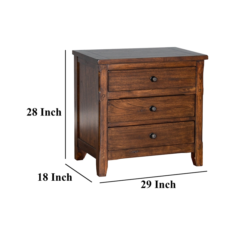 Odell Nightstand- 3 Drawers- Bronze- Rustic Dark Brown Solid Wood