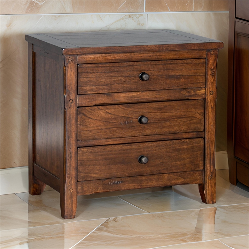 Odell Nightstand- 3 Drawers- Bronze- Rustic Dark Brown Solid Wood