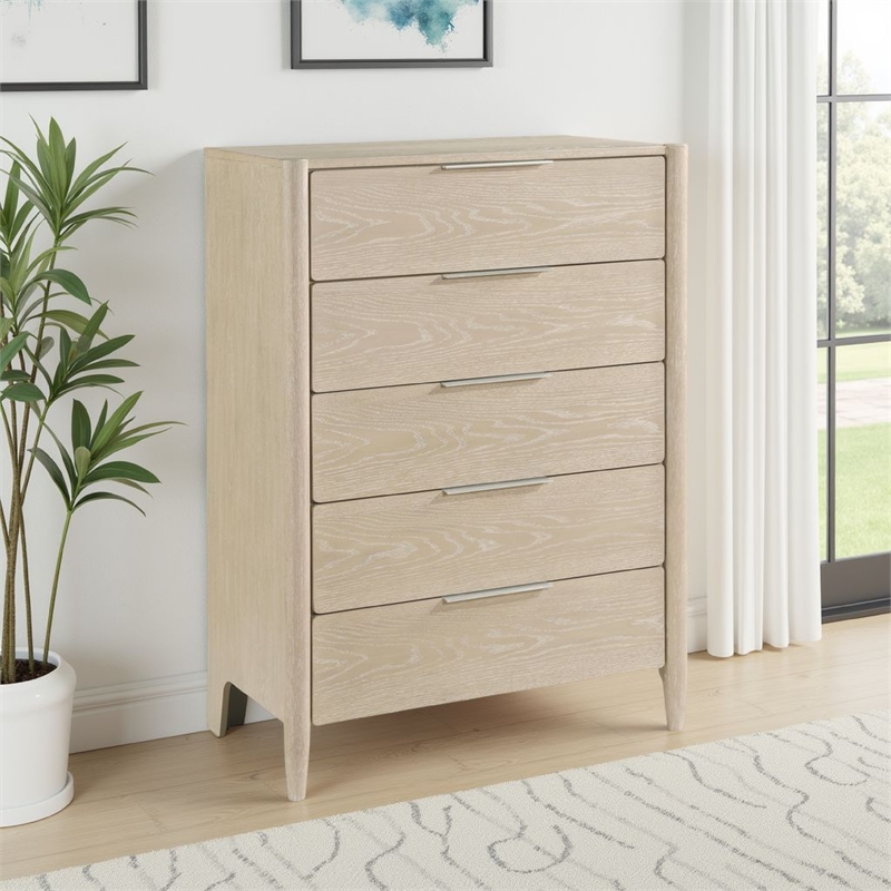 Maty Nightstand- 2 Drawers- White Marble Top- Light Oak Brown Ceruse
