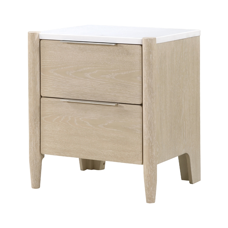 Maty Nightstand- 2 Drawers- White Marble Top- Light Oak Brown Ceruse