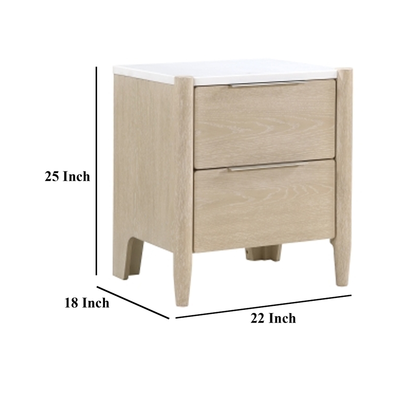 Maty Nightstand- 2 Drawers- White Marble Top- Light Oak Brown Ceruse
