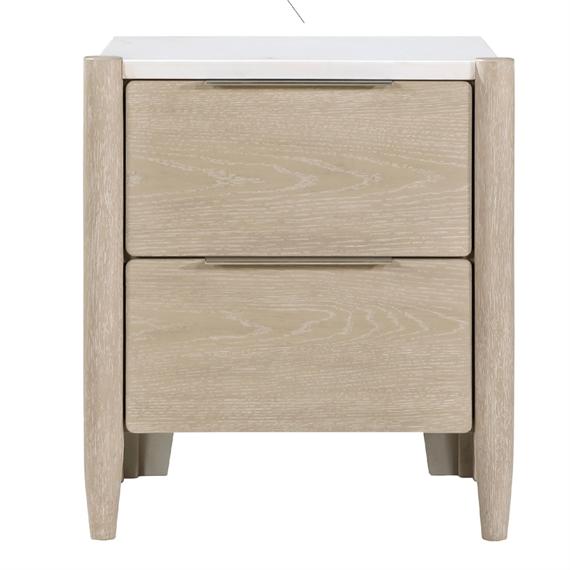 Maty Nightstand- 2 Drawers- White Marble Top- Light Oak Brown Ceruse