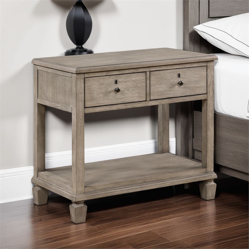 Cely Nightstand- 2 Drawers with Lower Open Shelf- Gray Oak Veneer