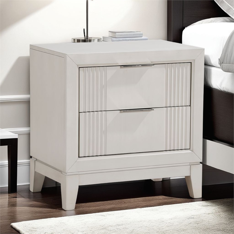 Flo Nightstand- 2 Drawers- Antique White Wood- Chrome Edge Handles