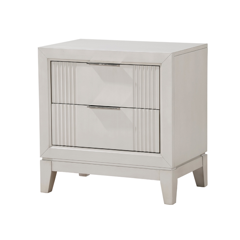 Flo Nightstand- 2 Drawers- Antique White Wood- Chrome Edge Handles