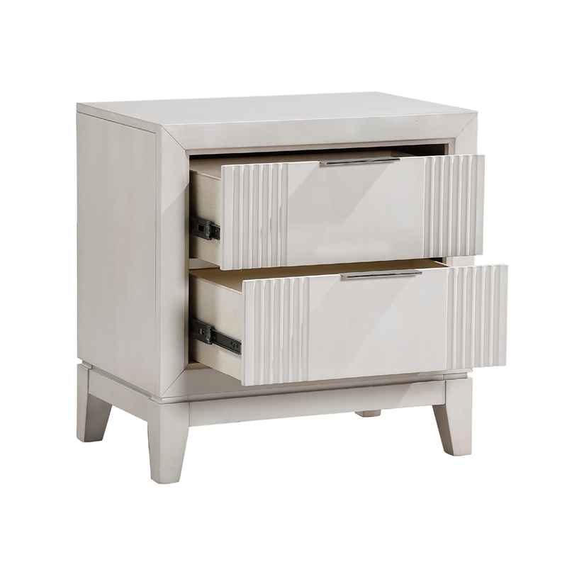 Flo Nightstand- 2 Drawers- Antique White Wood- Chrome Edge Handles
