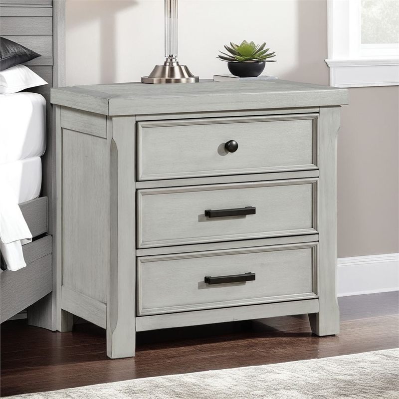 Brok Nightstand- 3 Drawers- Light Gray Acacia Wood- Black Bar Handles
