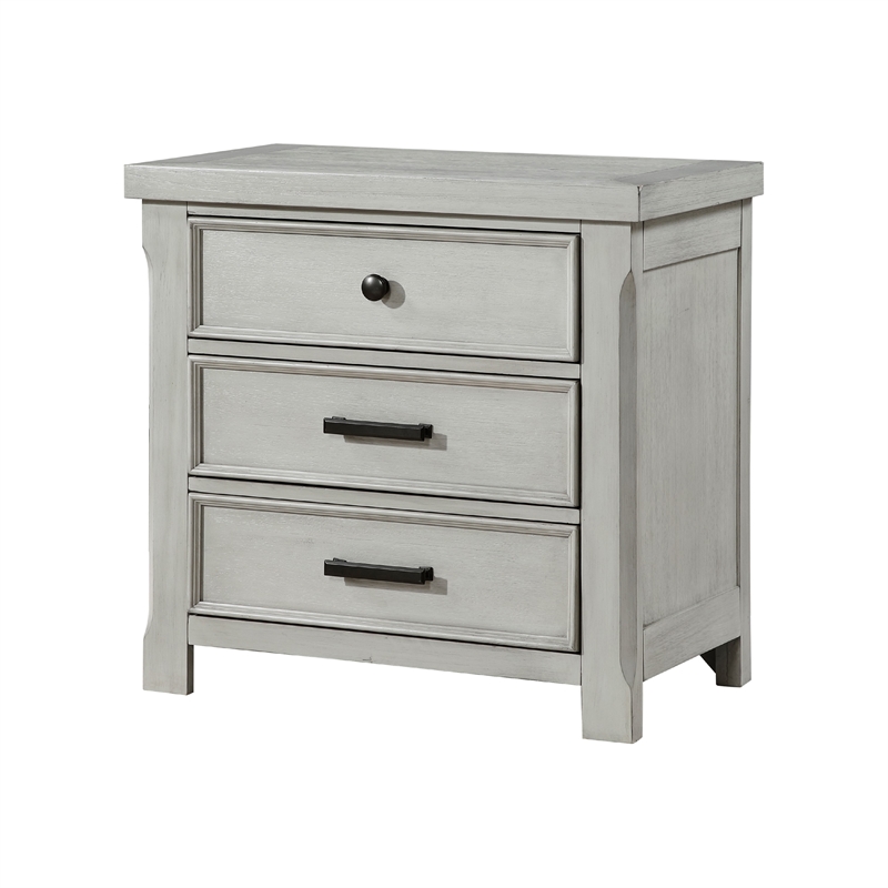 Brok Nightstand- 3 Drawers- Light Gray Acacia Wood- Black Bar Handles