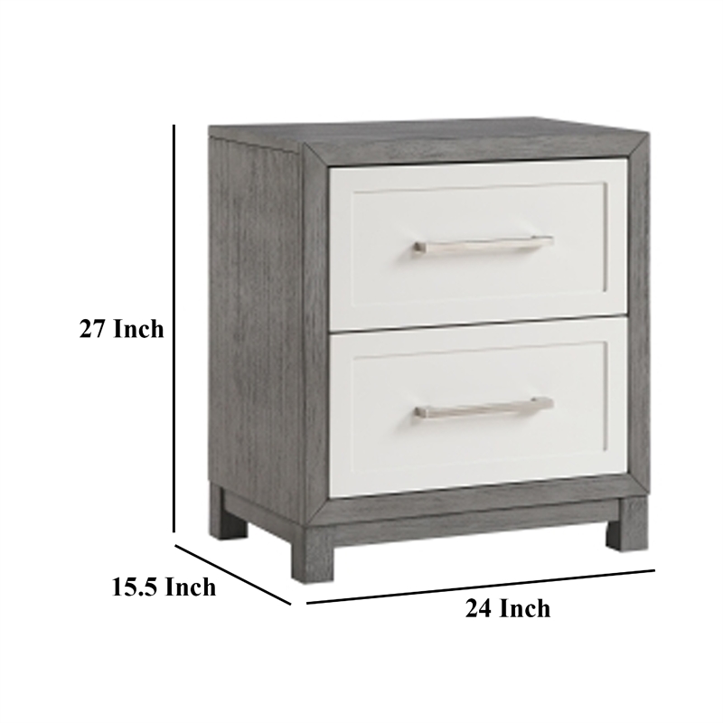 Rowy Nightstand- 2 Drawer Polished Bar Handles- Ivory and Gray Veneer