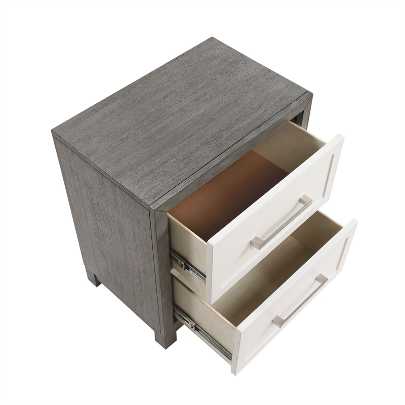 Rowy Nightstand- 2 Drawer Polished Bar Handles- Ivory and Gray Veneer