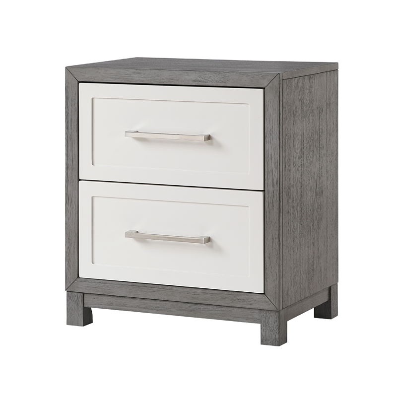 Rowy Nightstand- 2 Drawer Polished Bar Handles- Ivory and Gray Veneer