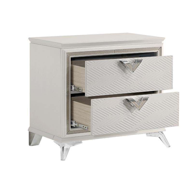 Dery Nightstand- 2 Drawers Chrome Triangle Handles- Gold White Wood