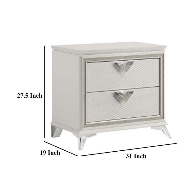 Dery Nightstand- 2 Drawers Chrome Triangle Handles- Gold White Wood