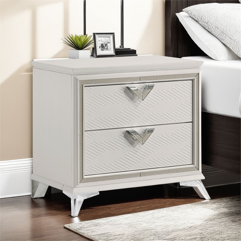 Dery Nightstand- 2 Drawers Chrome Triangle Handles- Gold White Wood